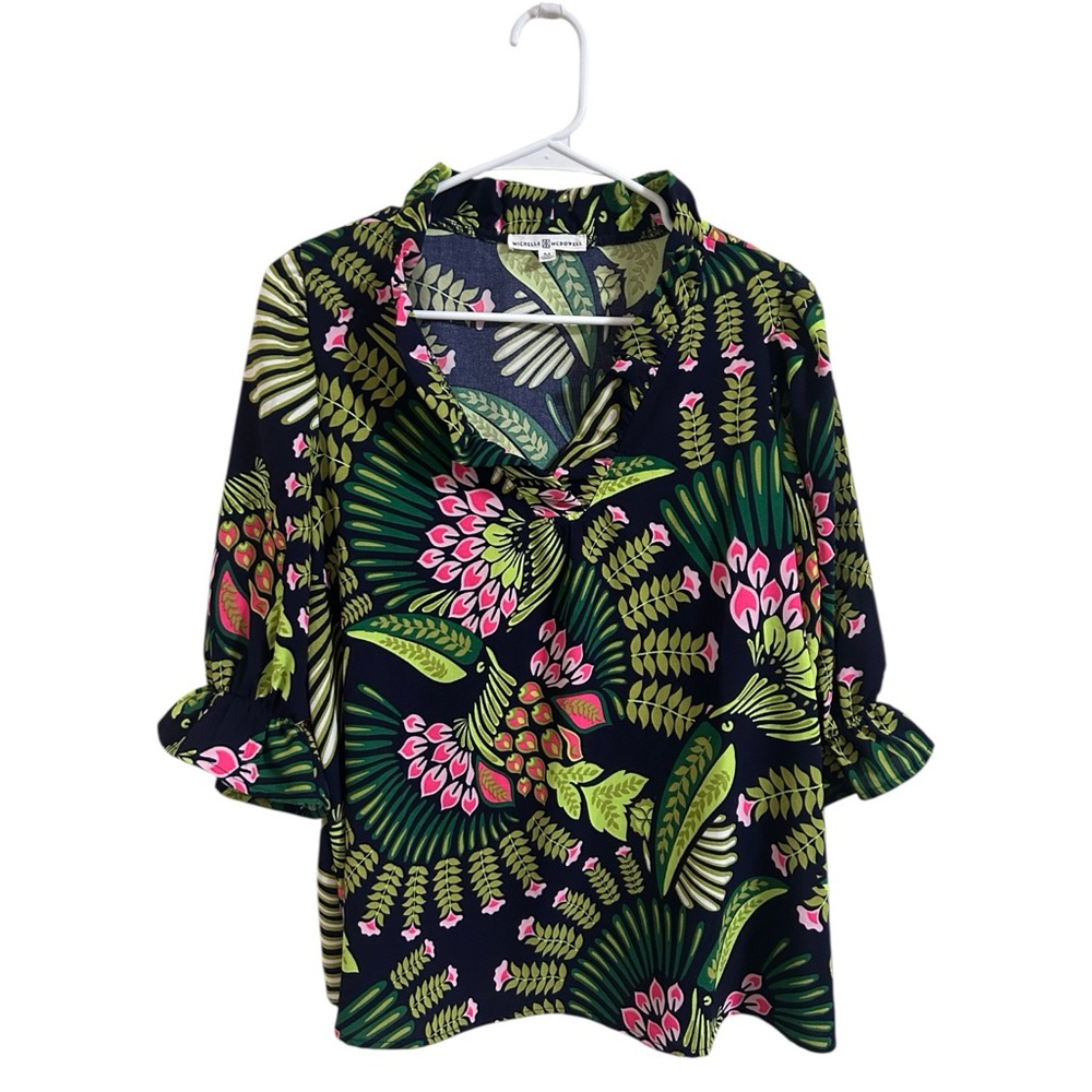 Michelle McDowell Navy and Green Patterned Top With Ruffle Sleeves